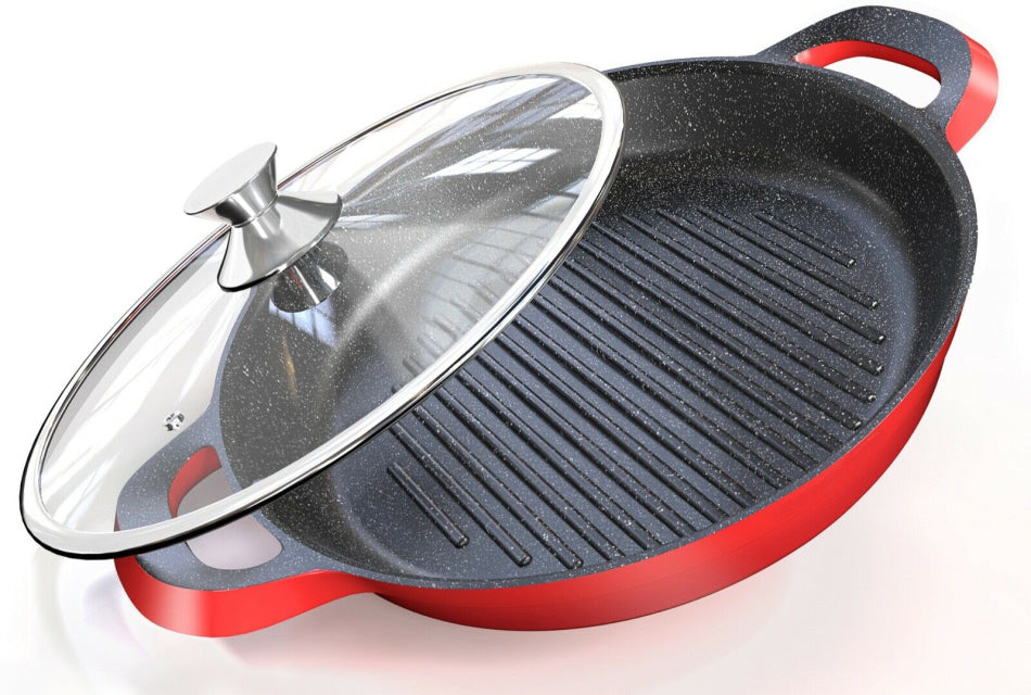 Grillpan 32 cm van gegoten aluminium – non-stick, met glazen deksel – foto 3