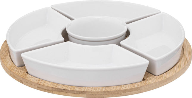 Aperitiefbord wit met bamboe – dipset met 6 keramische schaaltjes, 27 x 27 cm