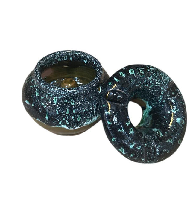 Marokkaanse asbak met deksel – keramiek, donkergroen en blauw, Ø 7,5 cm