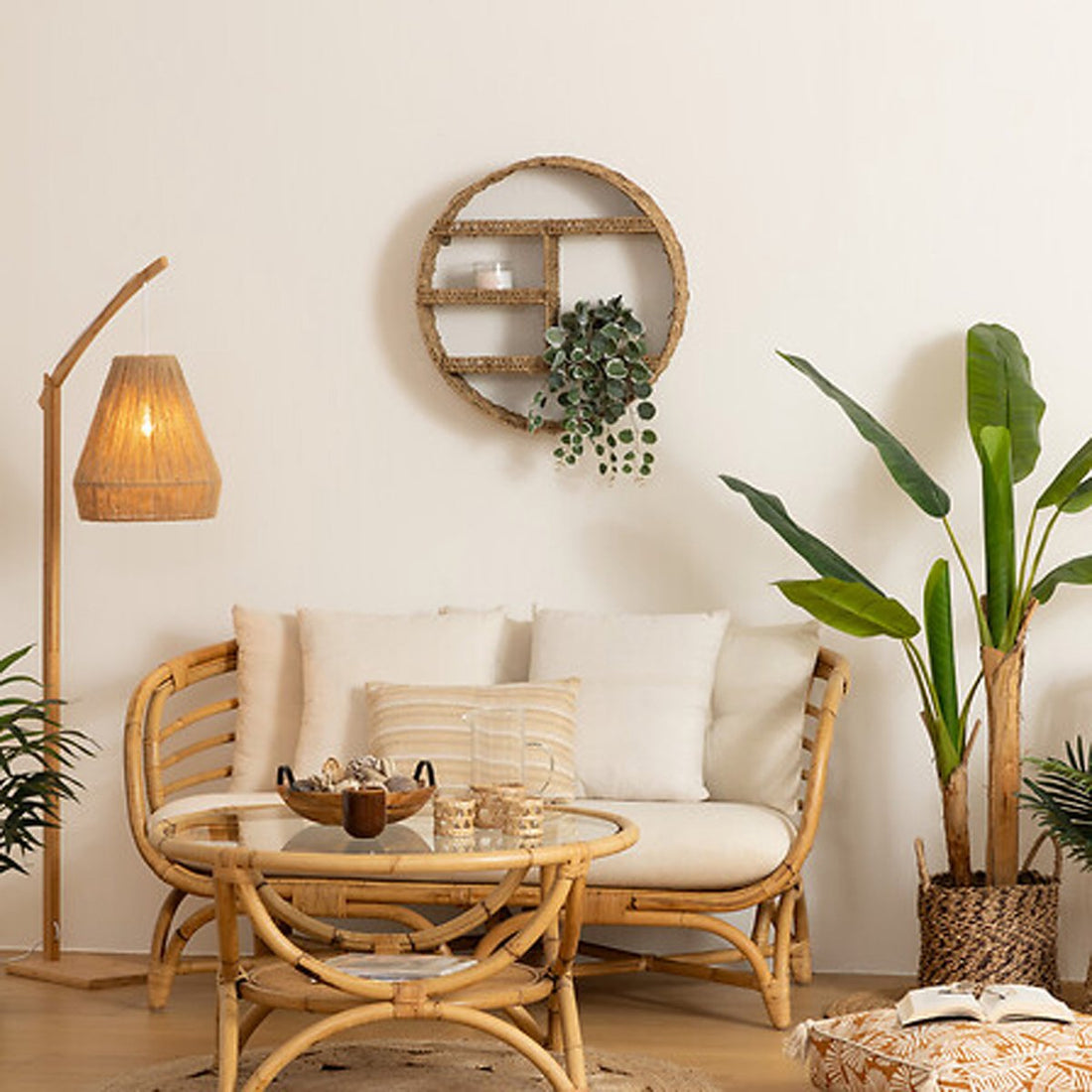 Atmosphera ronde wandplank Aria van riet – 3 plankjes, Ø 58 cm, bruin – foto 2