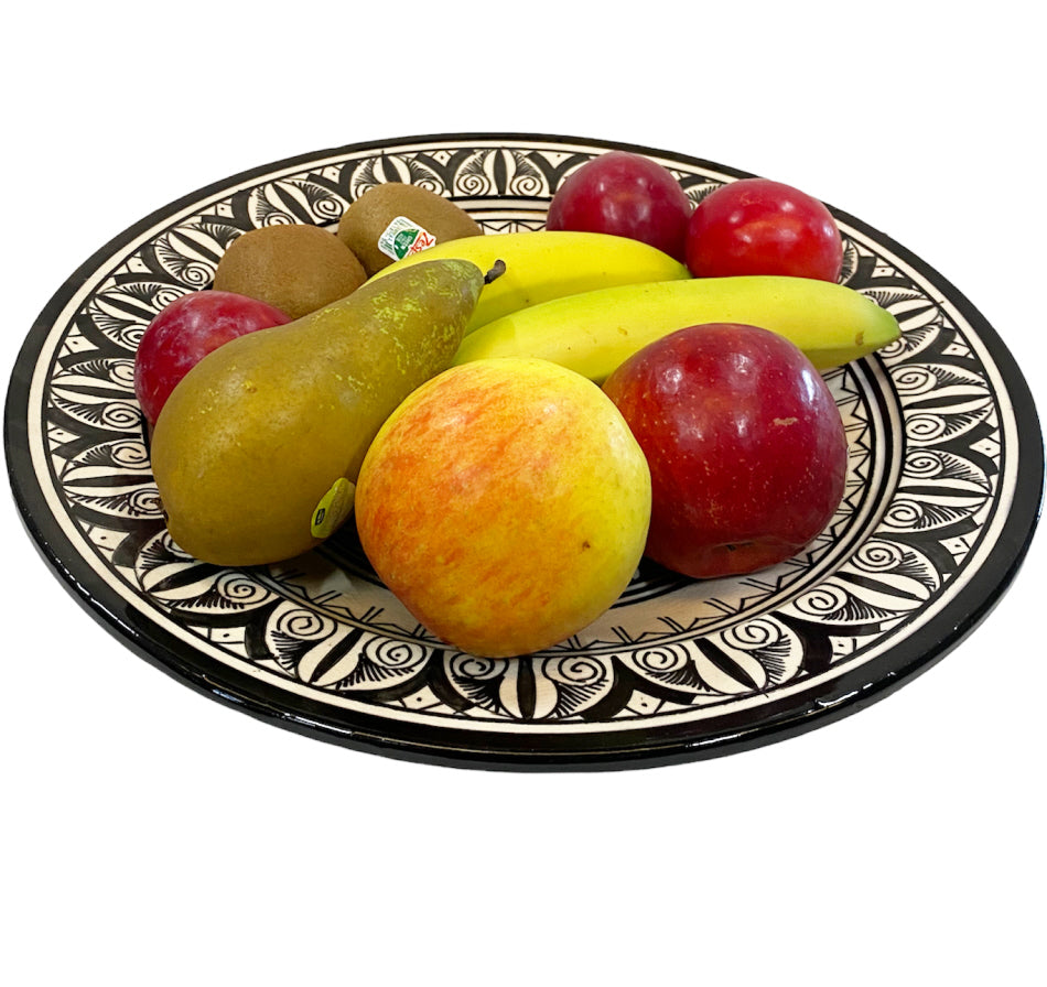 Marokkaanse fruitschaal zwart-wit – handgemaakt aardewerk, Ø 35 cm