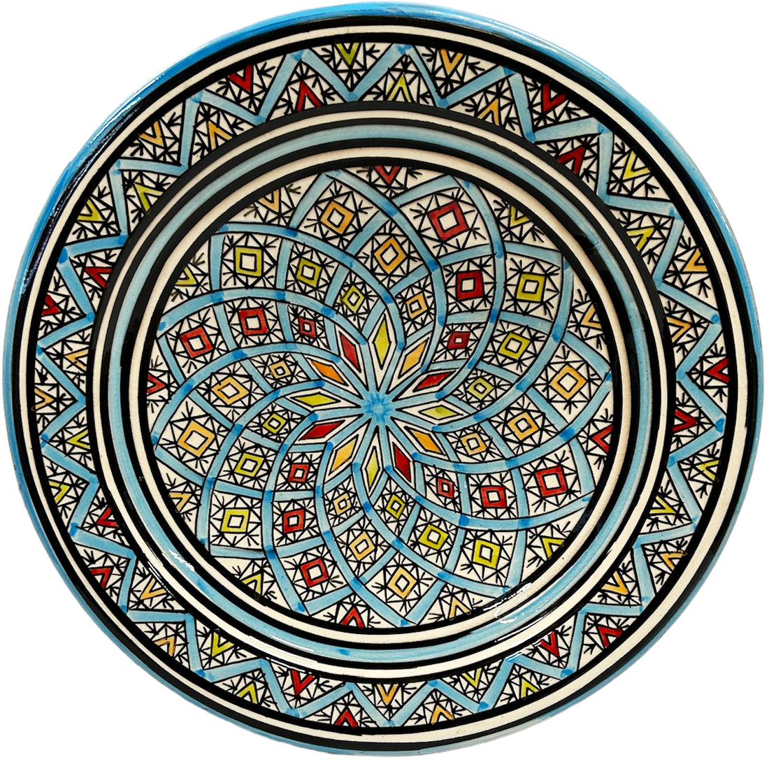 Schaal aardewerk 35 cm turquoise blauw met verschillende kleuren