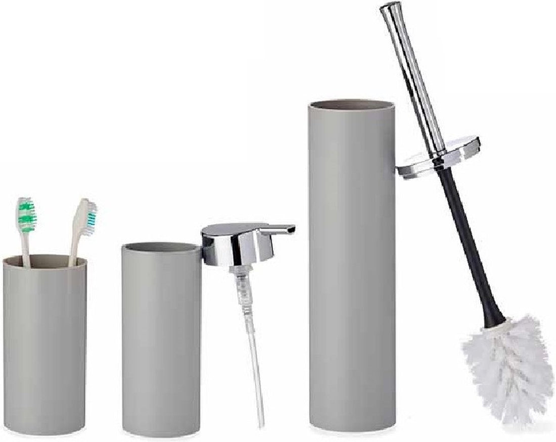 Badkamerset toiletborstel, zeeppompje en beker – kunststof, grijs of beige – foto 3