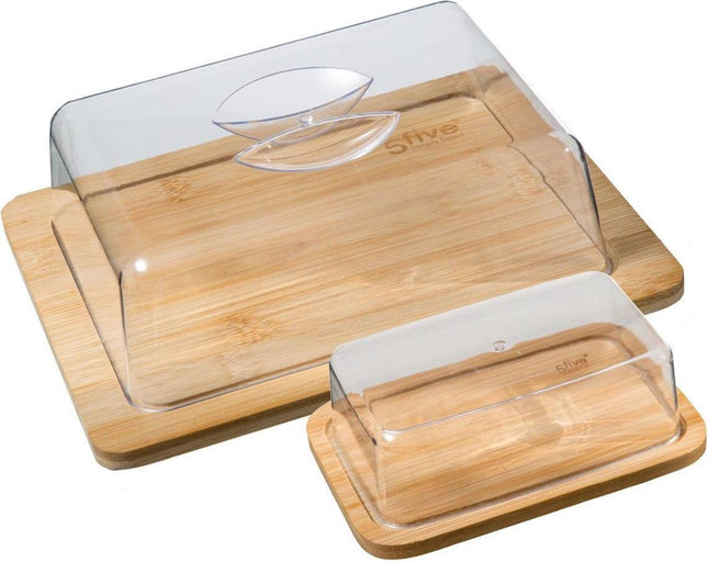 Bamboe kaasplank met stolp – set van 2 kaasdozen, ook als botervloot