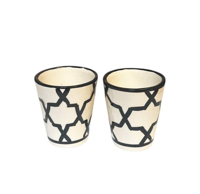 Set van 2 Marokkaanse handgemaakte bekers – zwart-wit, 8 cm hoog