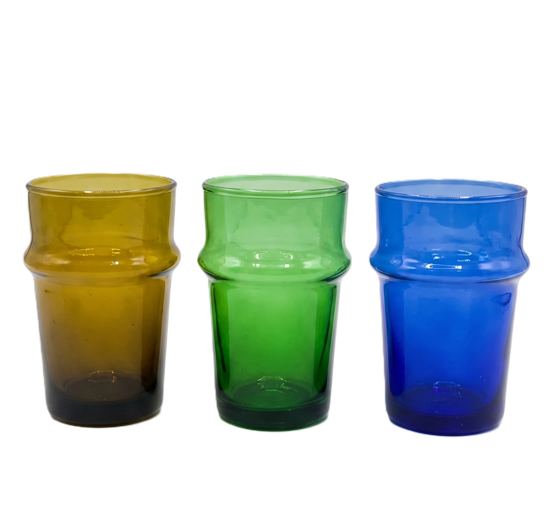 Marokkaanse glazen in geel, groen of blauw – 9,5 cm hoog, Ø 6 cm