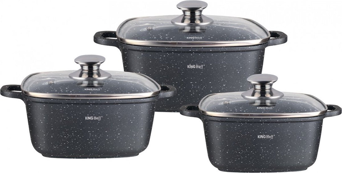 Kinghoff braadpannen set 6-delig – marmercoating, 3 pannen met glazen deksel