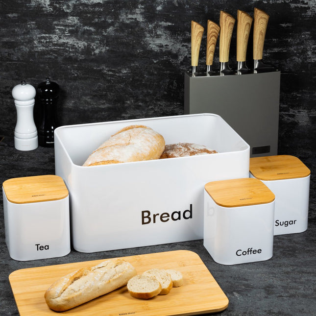 Broodtrommel set - Wit - Rvs met hout - 35 x 23 x 18, 5 cm