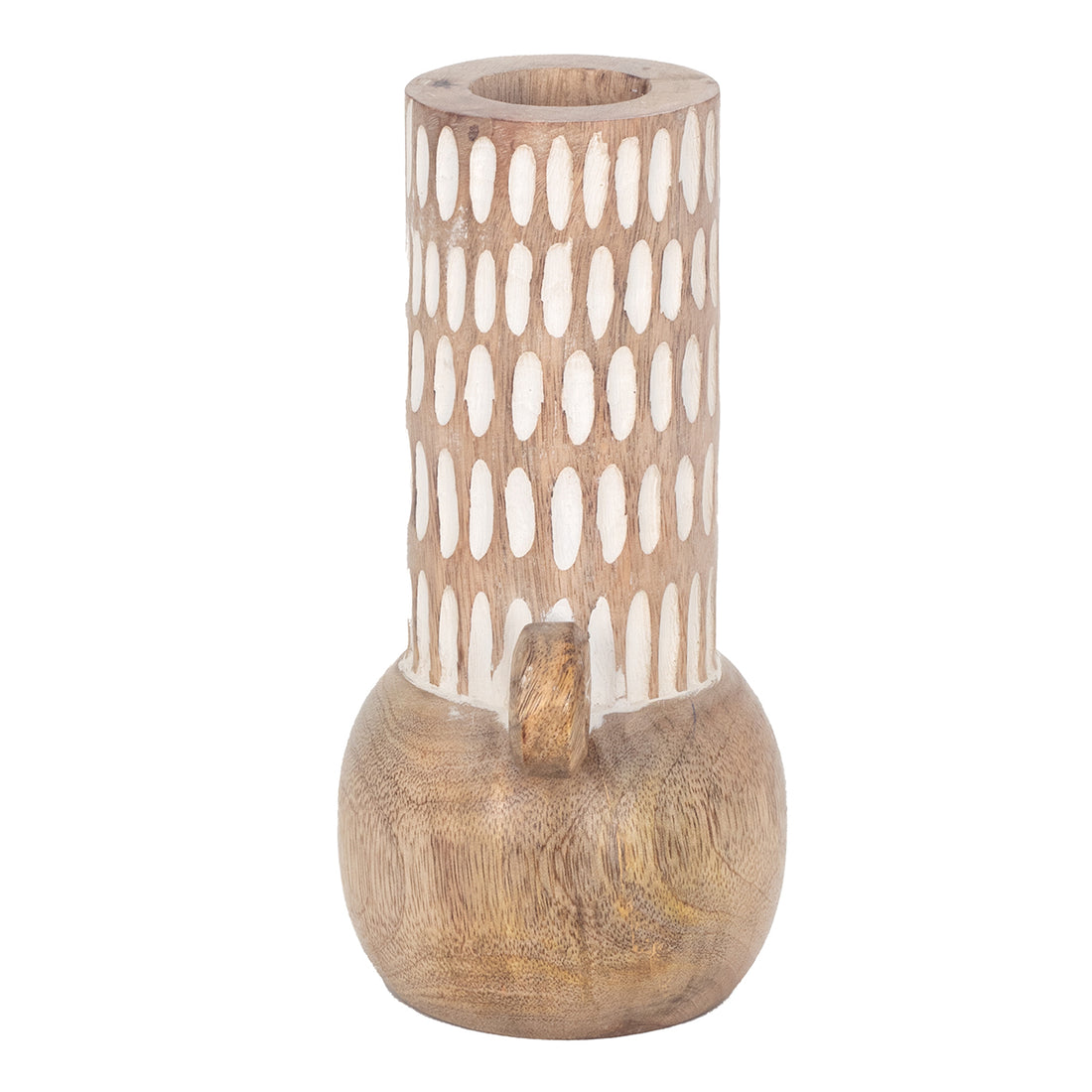 Bruine houten vaas met wit snijwerk – decoratieve vaas, 20 cm hoog