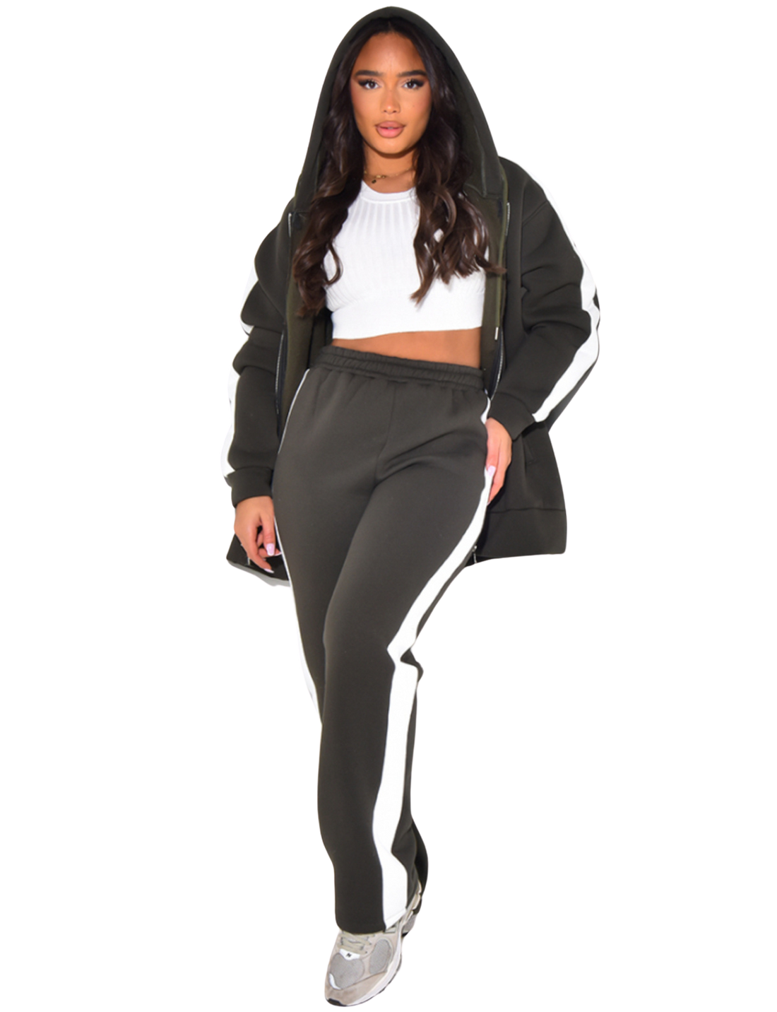 Comfy Jogger Set – oversized joggingpak dames met rits, zwart, grijs of khaki – foto 2