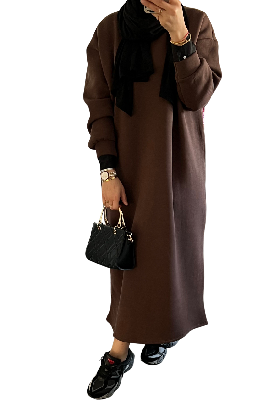 Basic dress – oversized sweater abaya, in bruin, grijs en beige – foto 4
