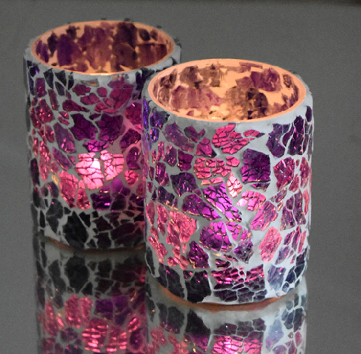 Porte-bougie chauffe-plat en verre craquelé mosaïque orientale - violet