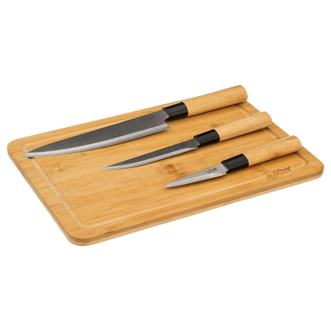 Snijplank met 3 messen van 5Five – bamboe plank, 35 x 25 cm