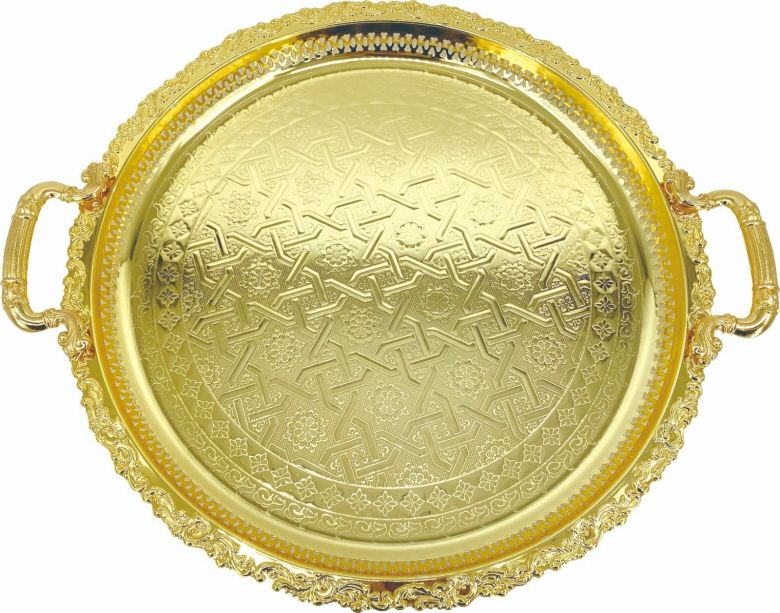 Marokkaans dienblad goud (sinia) – rond met graveringen, Ø 38,5 cm