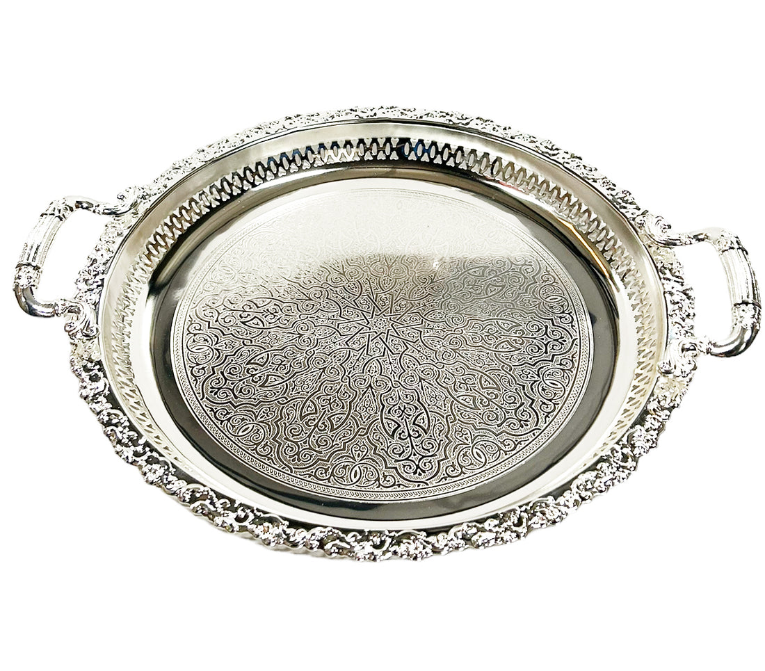 Marokkaans dienblad zilver, 38 cm – rond met oosterse patronen – foto 3