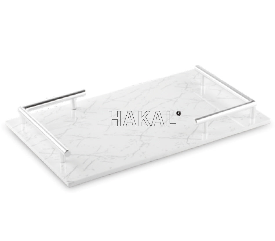 Melamine dienblad in marmerlook – wit met zilveren handvatten, 40 x 24 cm – foto 2
