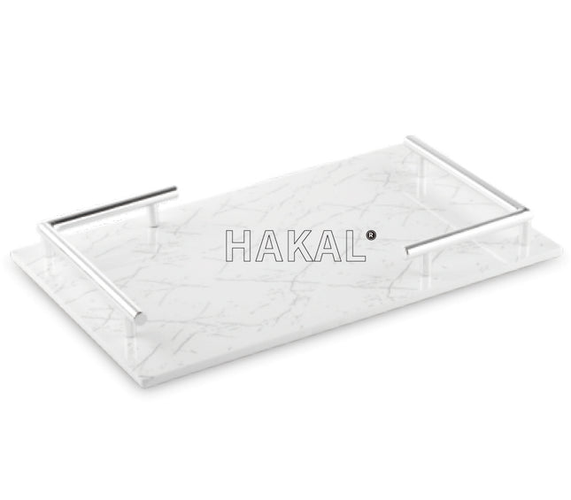 Melamine dienblad in marmerlook – wit met zilveren handvatten, 40 x 24 cm – foto 2