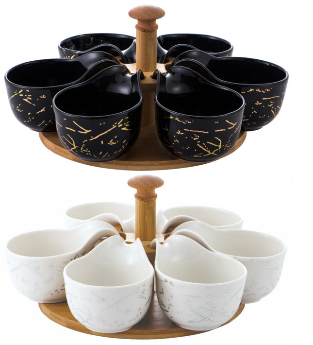 Draaiplateau met 6 porseleinen schaaltjes – Ø 25 cm, zwart of wit