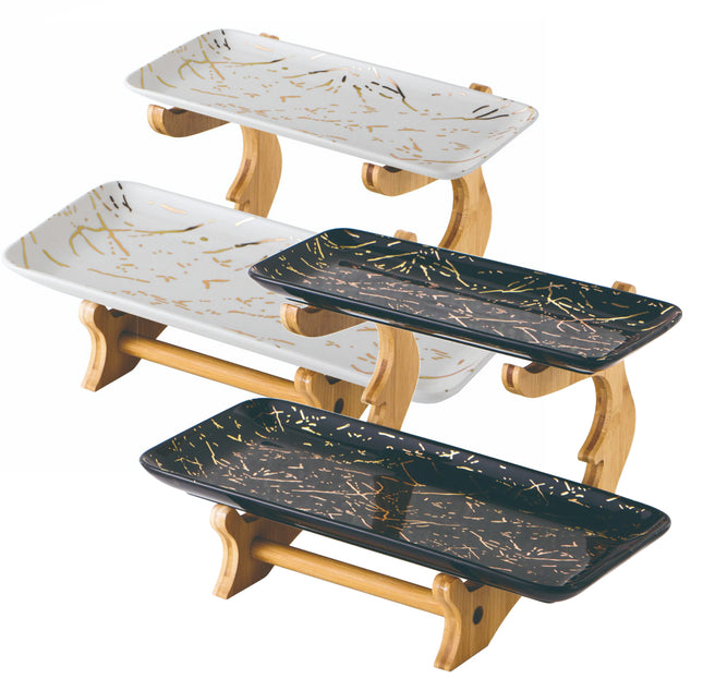 Etagère 2 laags van porselein met marmerdesign – houten houder, zwart of wit