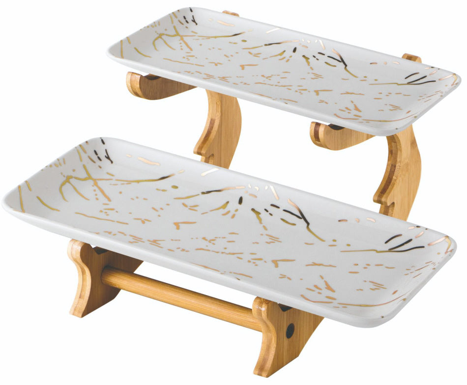 Etagère 2 laags van porselein met marmerdesign – houten houder, zwart of wit – foto 3