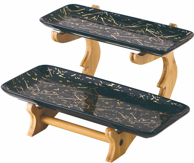 Etagère 2 laags van porselein met marmerdesign – houten houder, zwart of wit – foto 2