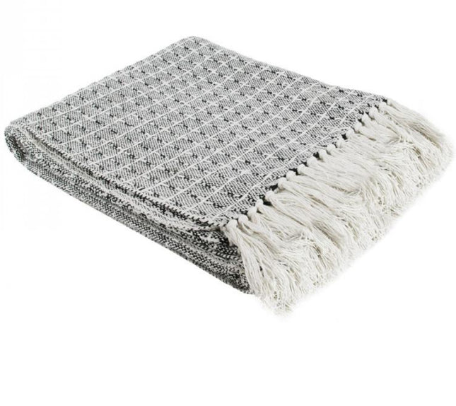 Gefranjerde plaid van katoen – zwart en ecru gestippeld, 150 x 120 cm