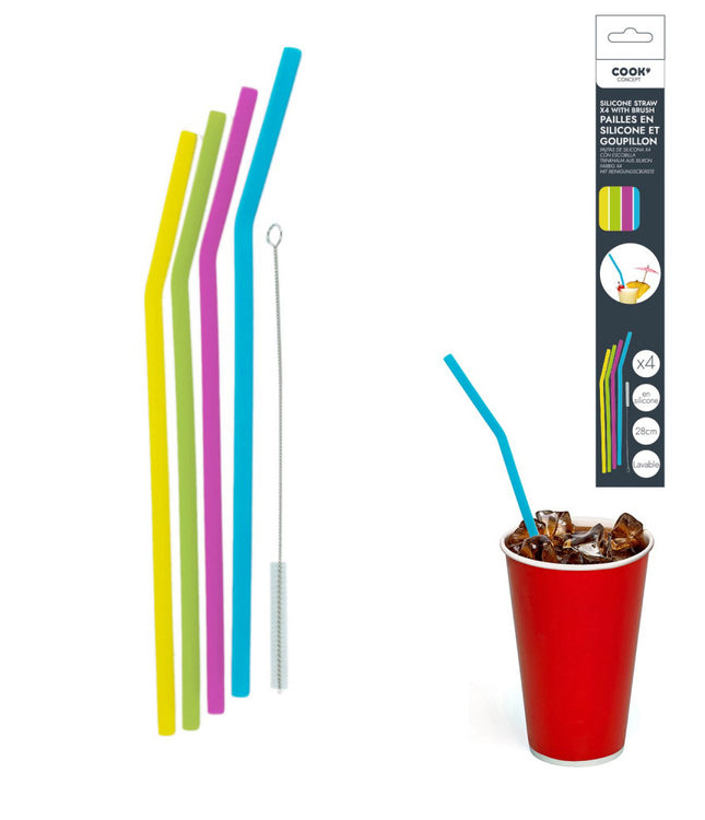 Herbruikbare siliconen rietjes – 4 stuks met schoonmaakborstel, 28 cm