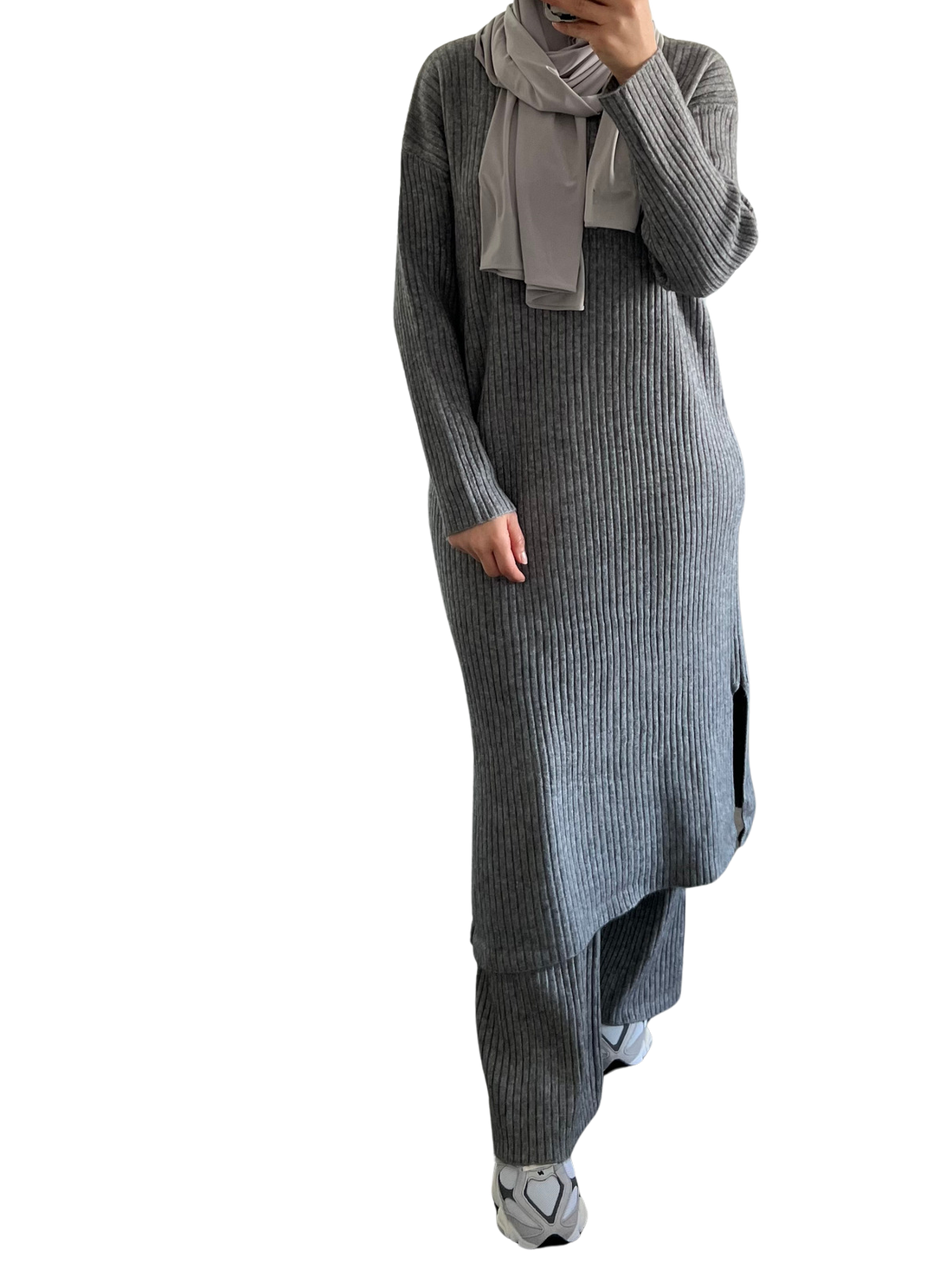 Lisa twinset – ribgebreide midi-jurk met wide leg broek, grijs of antraciet – foto 4