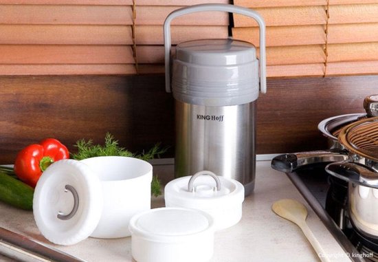 Kinghoff food thermos 1,5 liter – RVS lunchbox met 3 bakjes, dubbelwandig – foto 3