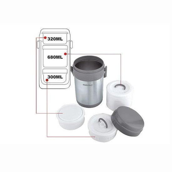 Kinghoff food thermos 1,5 liter – RVS lunchbox met 3 bakjes, dubbelwandig – foto 2