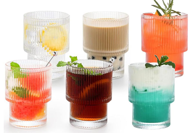 Hakal geribbelde drinkglazen – set van 6 stapelbare koffieglazen, retrostijl