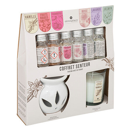 Geurolie cadeauset met oliebrander – 6 geuren van 10 ml en geurkaars vanille
