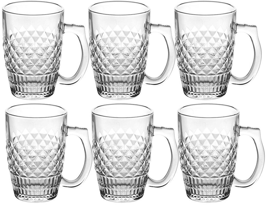 Hakal glazen met handvat, set van 6 – helder glas met ruitpatroon
