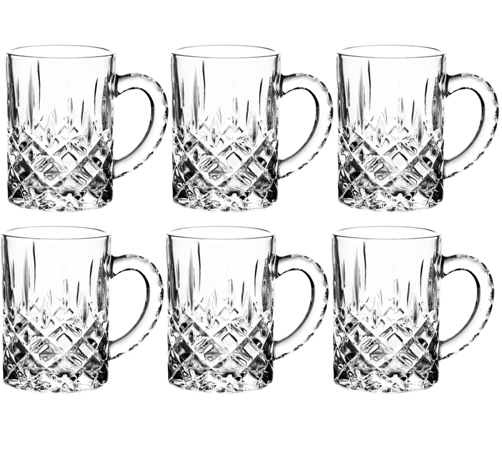 Theeglazen met zilveren rand en handvat – set van 6, 250 ml, ruitpatroon