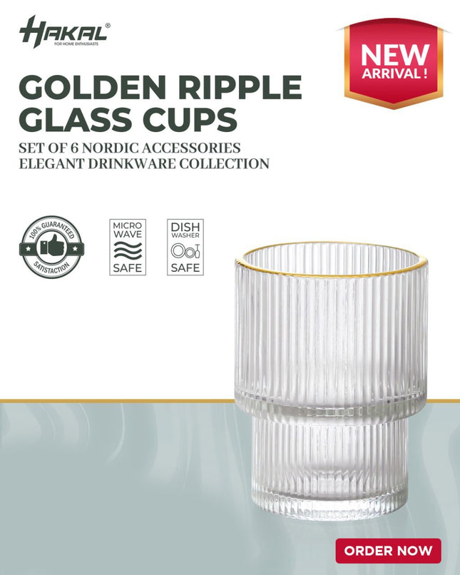 Hakal geribbelde drinkglazen met gouden rand – set van 6, stapelbaar – foto 2
