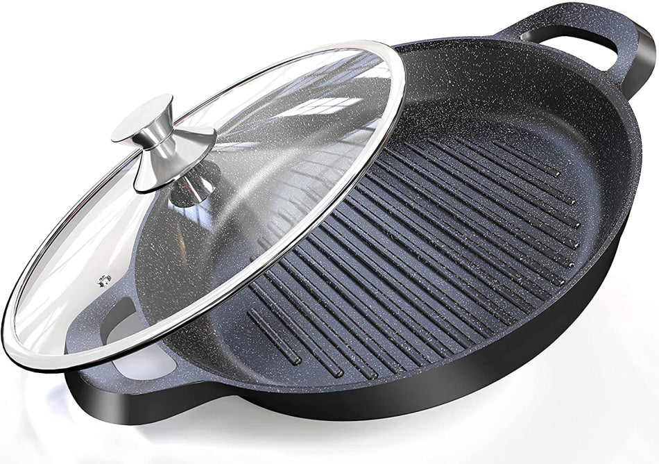 Grillpan 32 cm van gegoten aluminium – non-stick, met glazen deksel
