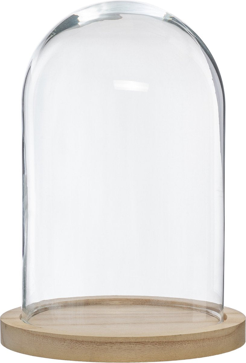 Cloche en verre sur plateau en bois - verre - D15 x H26 cm