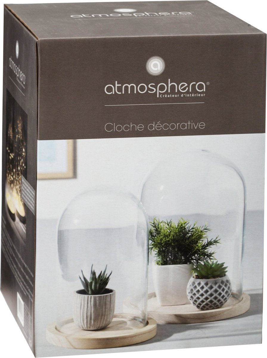 Cloche en verre sur plateau en bois - verre - D15 x H26 cm