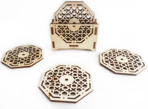 Oosterse houten onderzetters achthoekig – set van 6 met houder