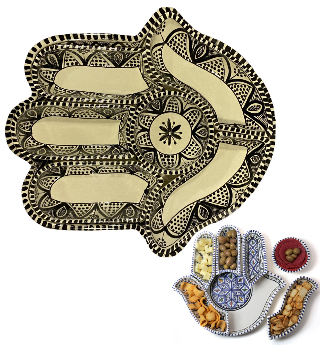 Khamsa hapjesbord met 6 dipschaaltjes – handgemaakt keramiek, 34 x 32 cm – foto 2