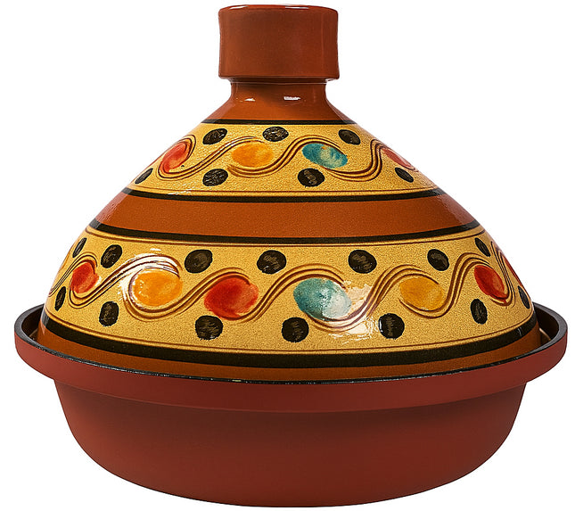 Tajine 30 cm van aardewerk en aluminium – handbeschilderd deksel, rood/bont