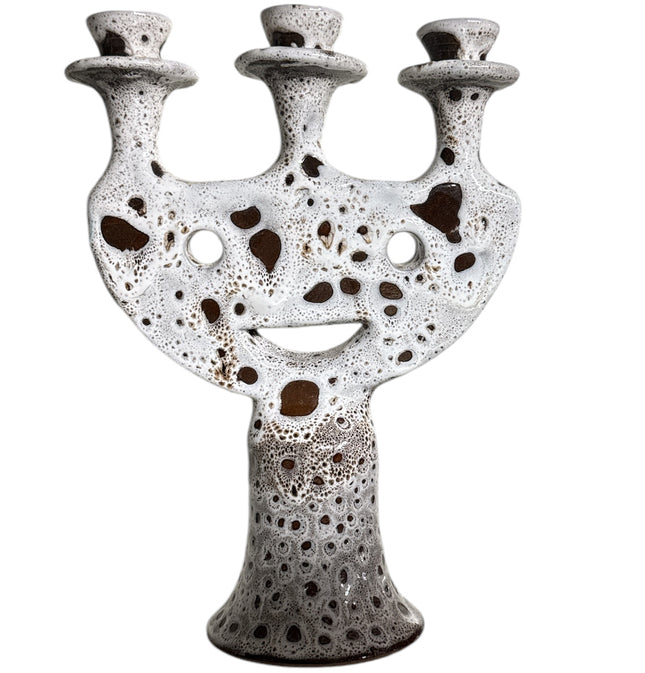 Handmade Moroccan Candle Holder with Face Motif in White-Brown Glaze