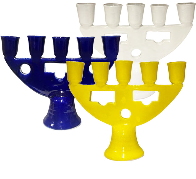 Marokkaanse keramiek kandelaar met 5 armen – handgemaakt, wit, blauw of geel