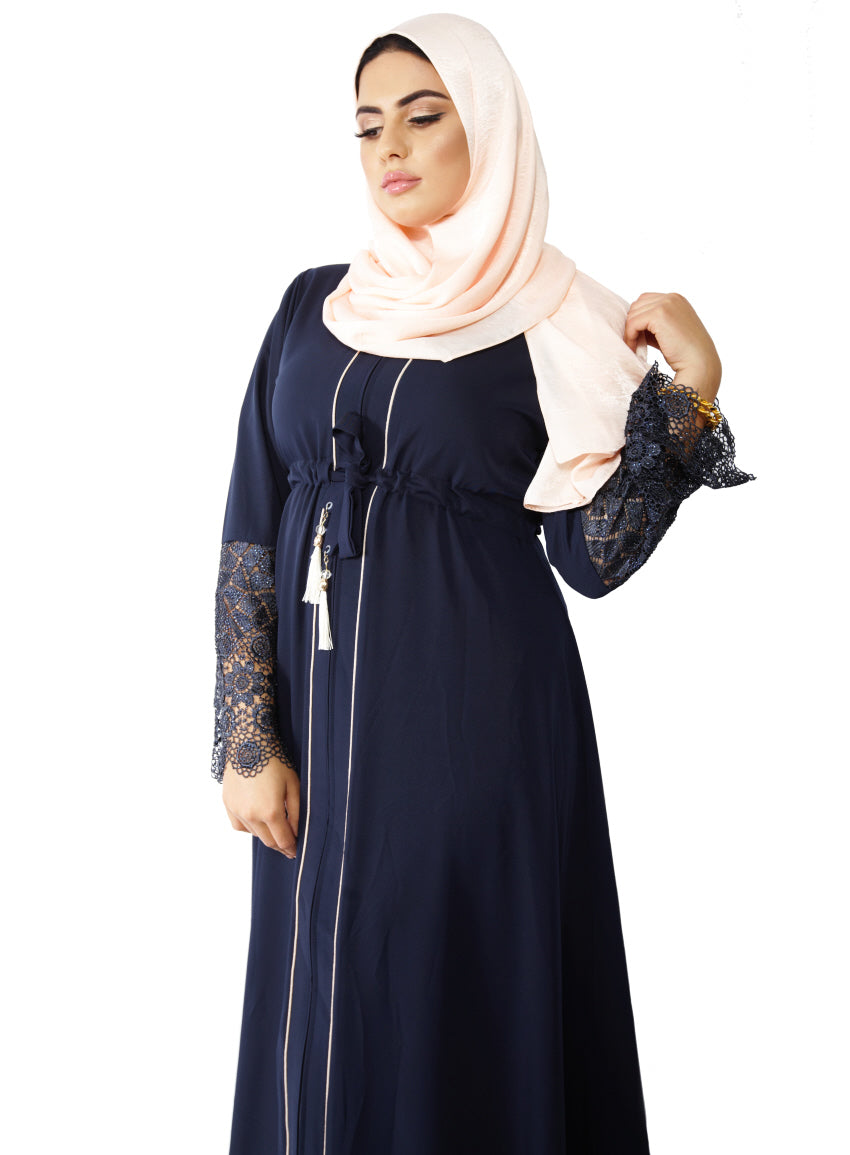 Abaya met kanten mouwen en steentjes – marineblauw of zwart, maat 40-50 – foto 7