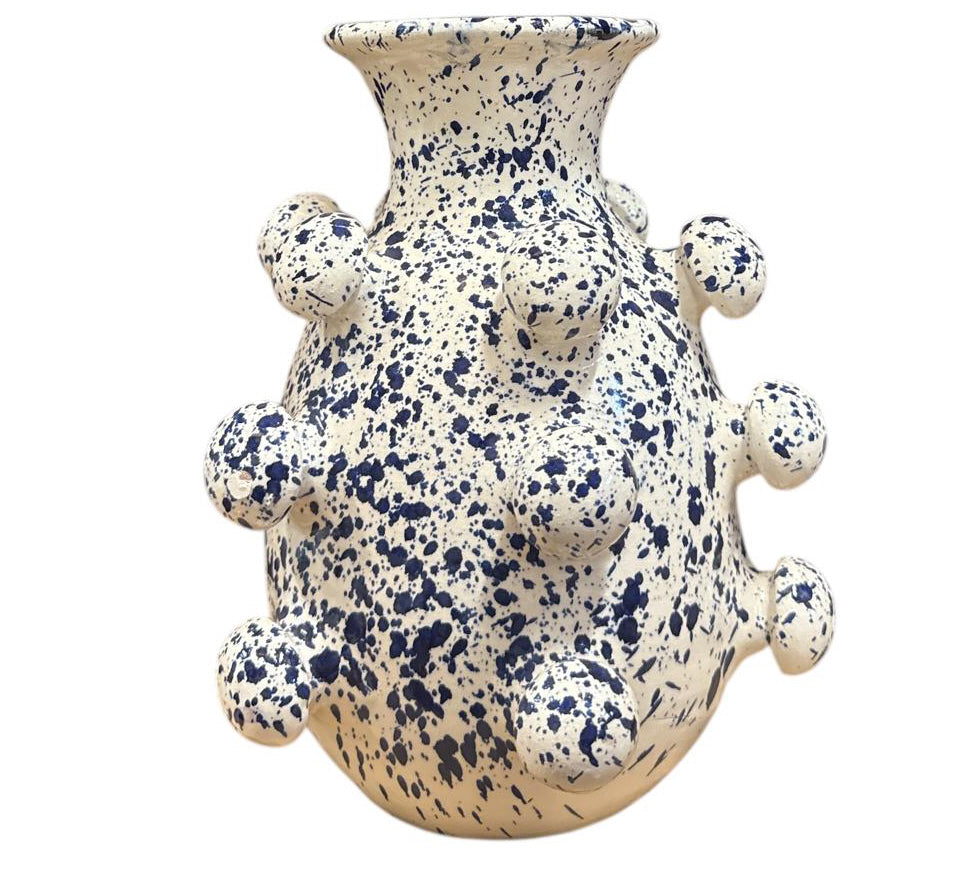 Keramieken bolletjesvaas wit met blauwe spetters – 26 cm