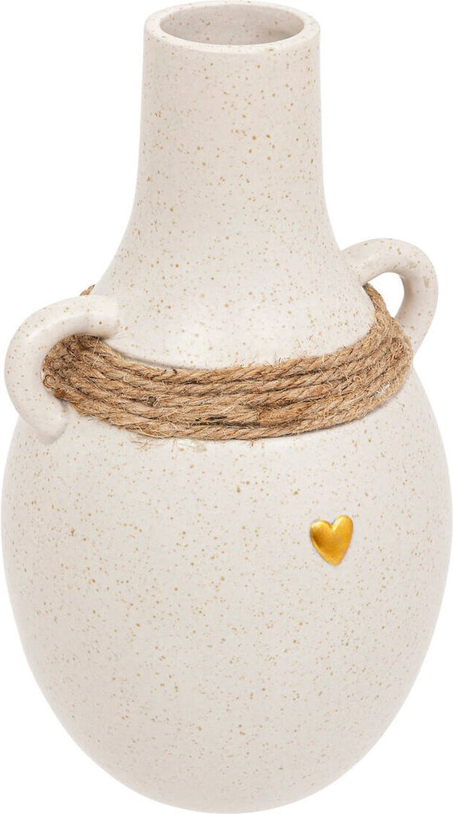 Atmosphera keramische vaas Floral – crème met jute en gouden hartje, 22 cm