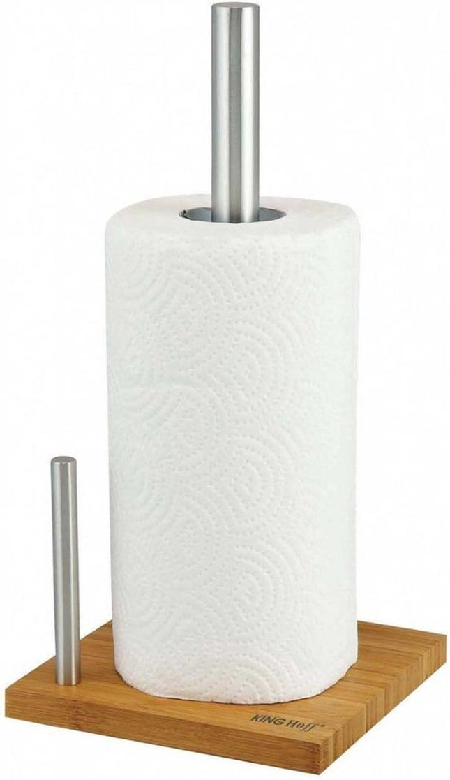 Kinghoff keukenrolhouder rvs met bamboe voet – ook voor XXL-rollen, 33 cm