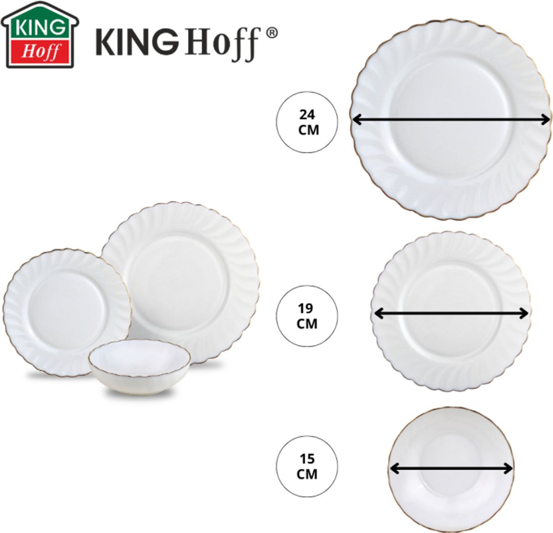 KINGHOFF Dinnerware Set MARIGOLD - 18-piece - White with Gold Rim - Opal Glass - Dinner Plates, Dessert Plates & Soup Bowls - Set for 6 People