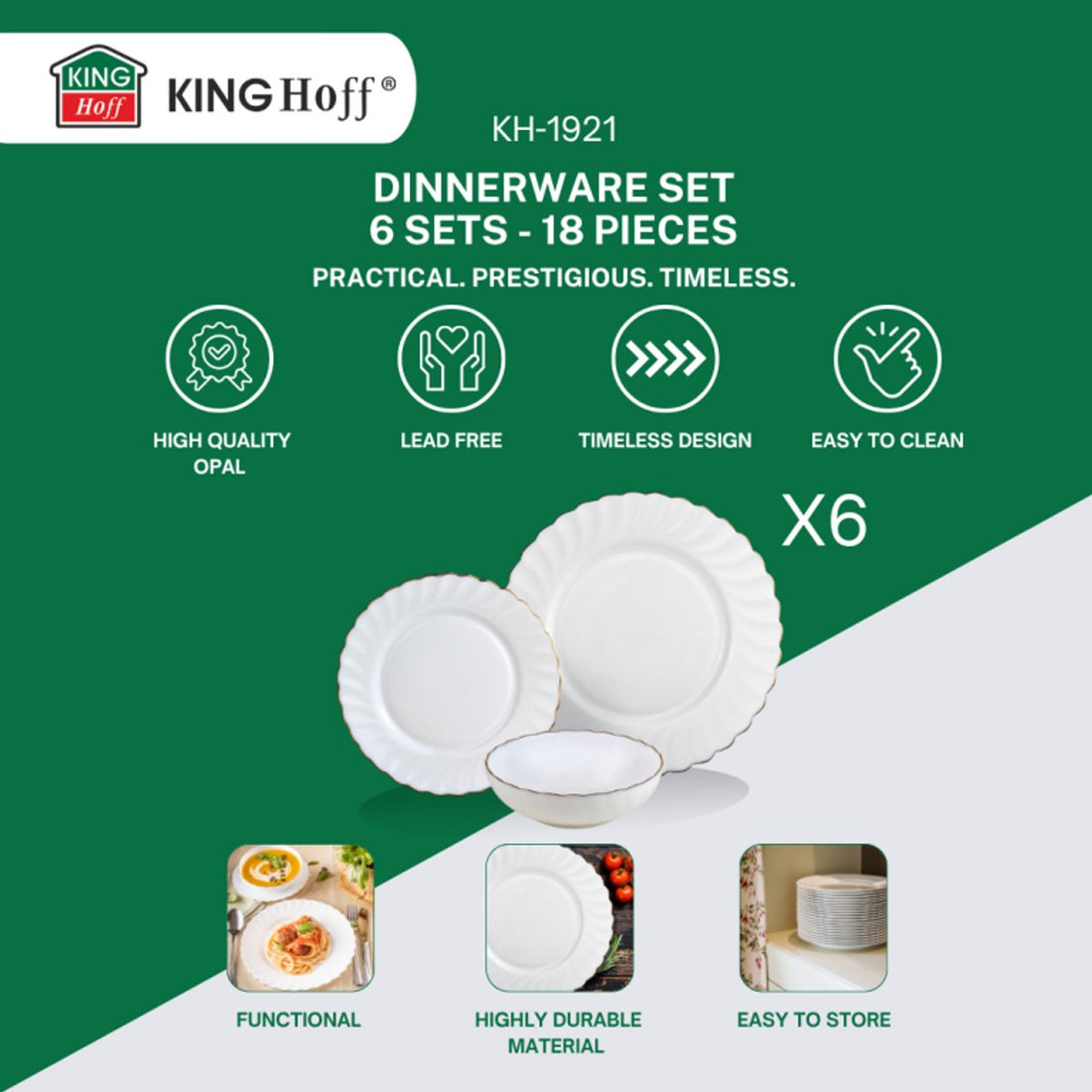 KINGHOFF Dinnerware Set MARIGOLD - 18-piece - White with Gold Rim - Opal Glass - Dinner Plates, Dessert Plates & Soup Bowls - Set for 6 People