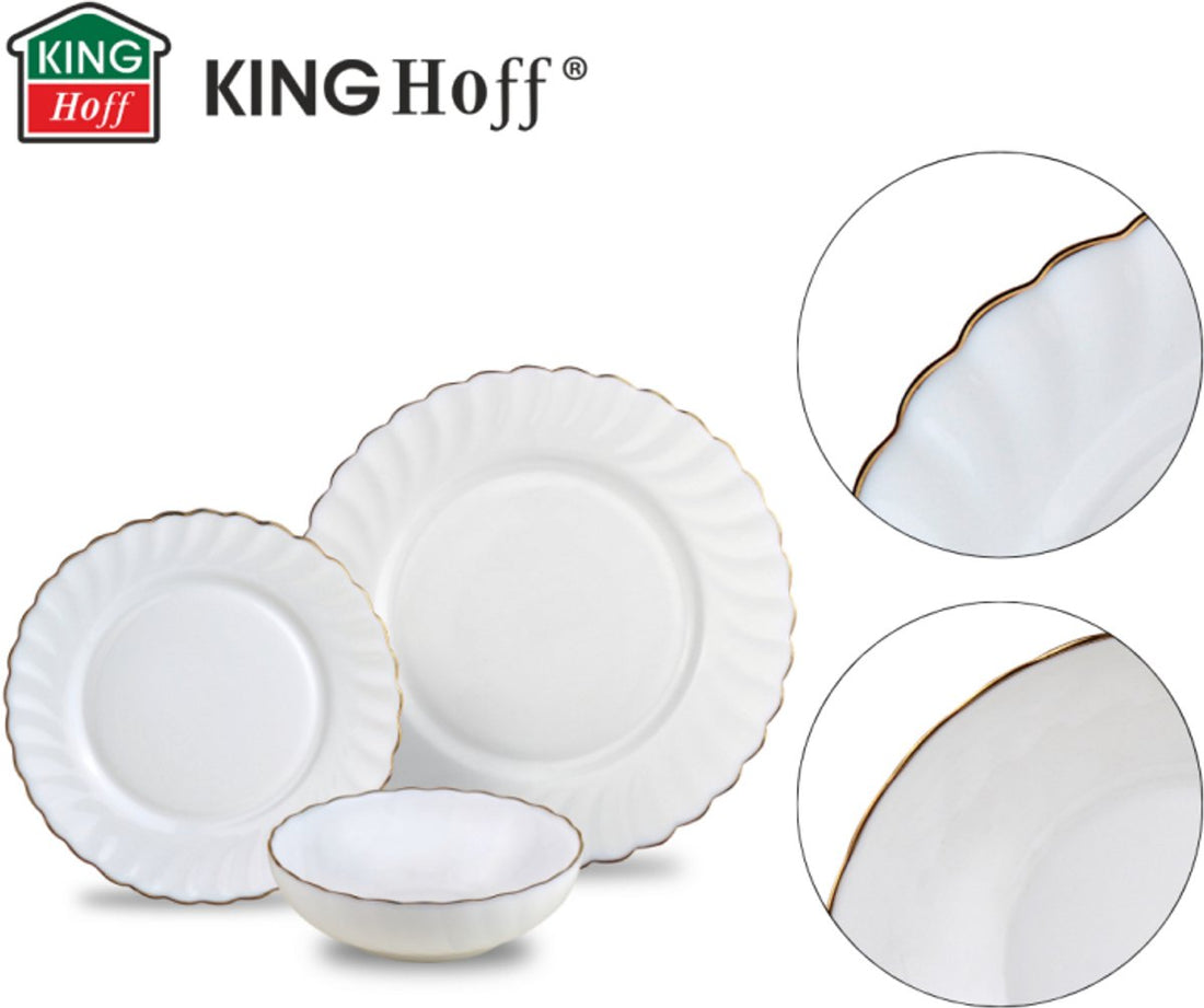 KINGHOFF Dinnerware Set MARIGOLD - 18-piece - White with Gold Rim - Opal Glass - Dinner Plates, Dessert Plates & Soup Bowls - Set for 6 People